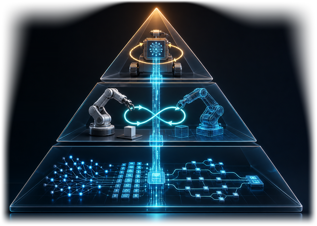 Three-layer glass pyramid: reasoning circuits at the base, closed-loop robot arms in the middle, a self-improving robot at the top, threaded by a glowing central beam